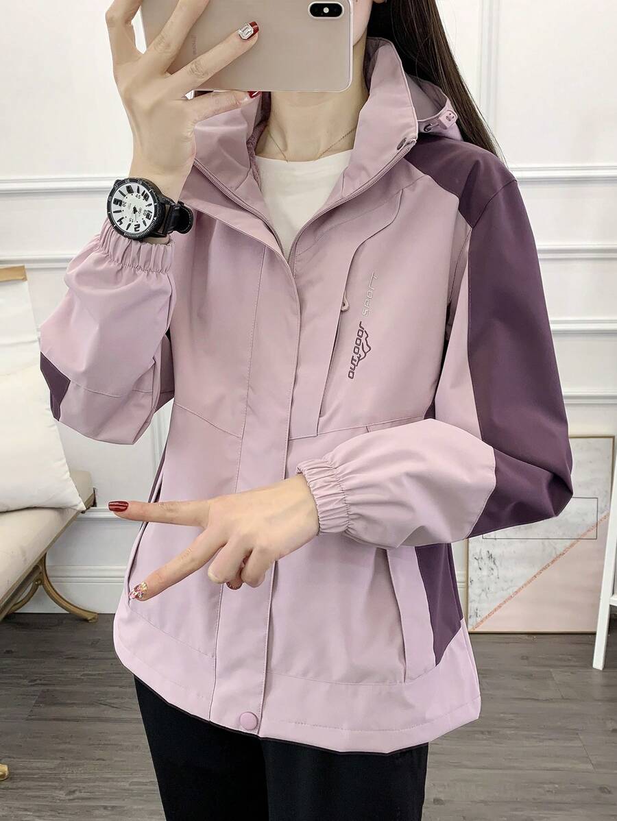 1pc Women Contrast Color Patchwork Windbreaker Jacket, Lightweight Outdoor Sports Running Hiking Coat, Spring/Autumn