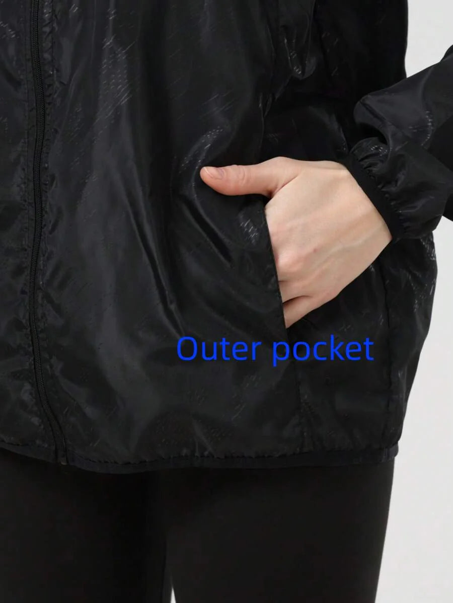 1pc Women's Lightweight Waterproof Jacket, Casual Windbreaker, Quick-Dry Sportswear, Black Long Sleeve Athletic Jacket For Women, With Storage Bag