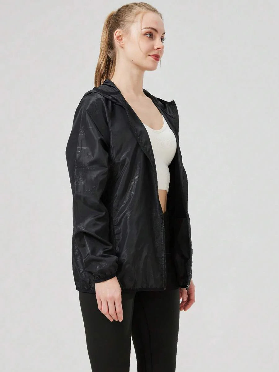 1pc Women's Lightweight Waterproof Jacket, Casual Windbreaker, Quick-Dry Sportswear, Black Long Sleeve Athletic Jacket For Women, With Storage Bag