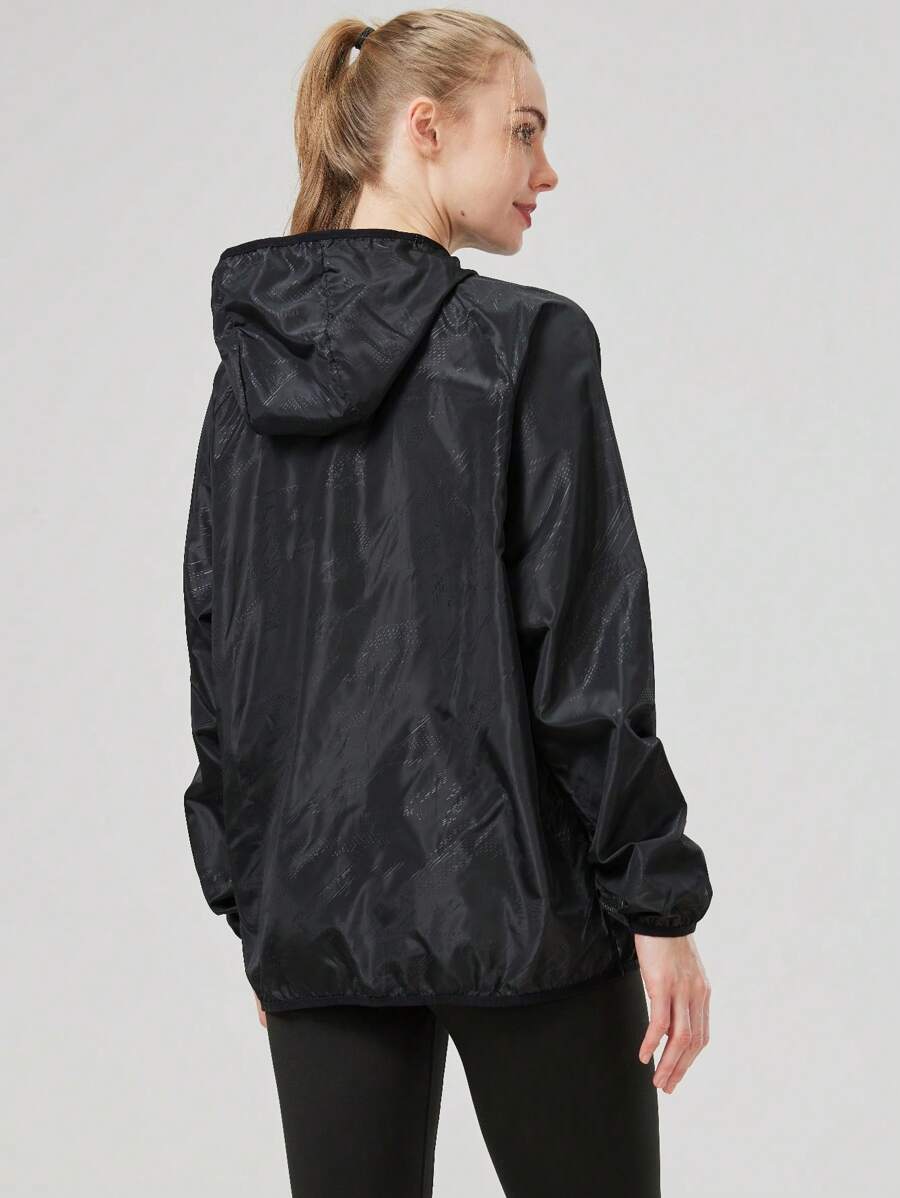1pc Women's Lightweight Waterproof Jacket, Casual Windbreaker, Quick-Dry Sportswear, Black Long Sleeve Athletic Jacket For Women, With Storage Bag