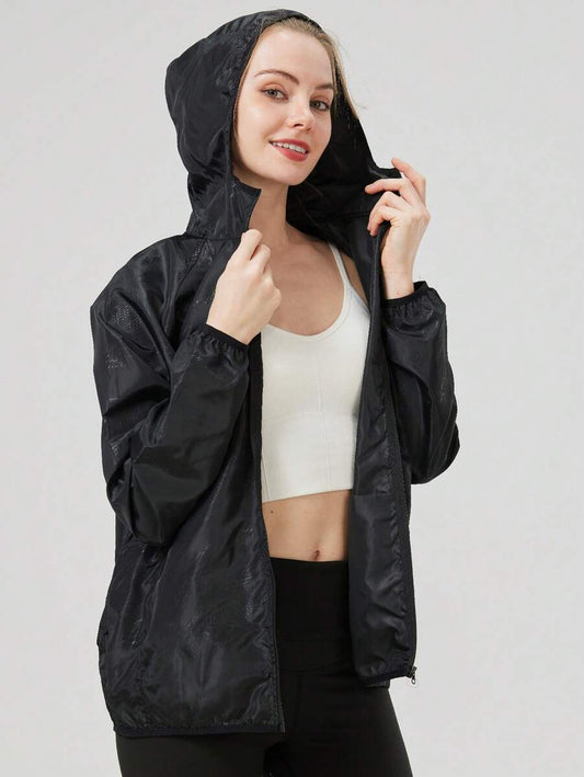 1pc Women's Lightweight Waterproof Jacket, Casual Windbreaker, Quick-Dry Sportswear, Black Long Sleeve Athletic Jacket For Women, With Storage Bag