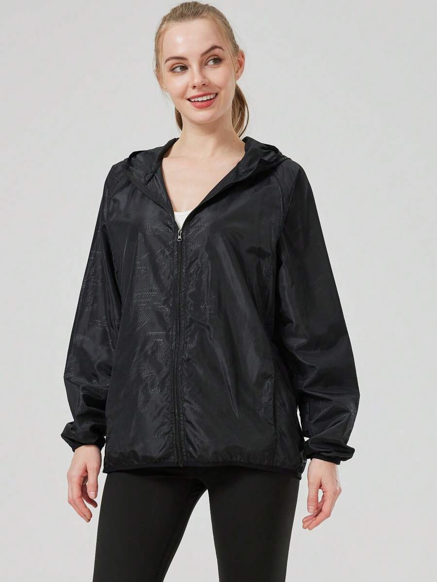 1pc Women's Lightweight Waterproof Jacket, Casual Windbreaker, Quick-Dry Sportswear, Black Long Sleeve Athletic Jacket For Women, With Storage Bag