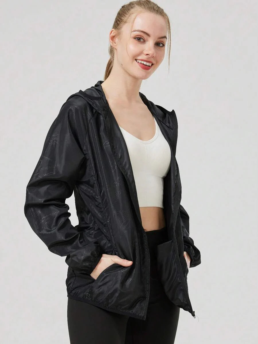 1pc Women's Lightweight Waterproof Jacket, Casual Windbreaker, Quick-Dry Sportswear, Black Long Sleeve Athletic Jacket For Women, With Storage Bag