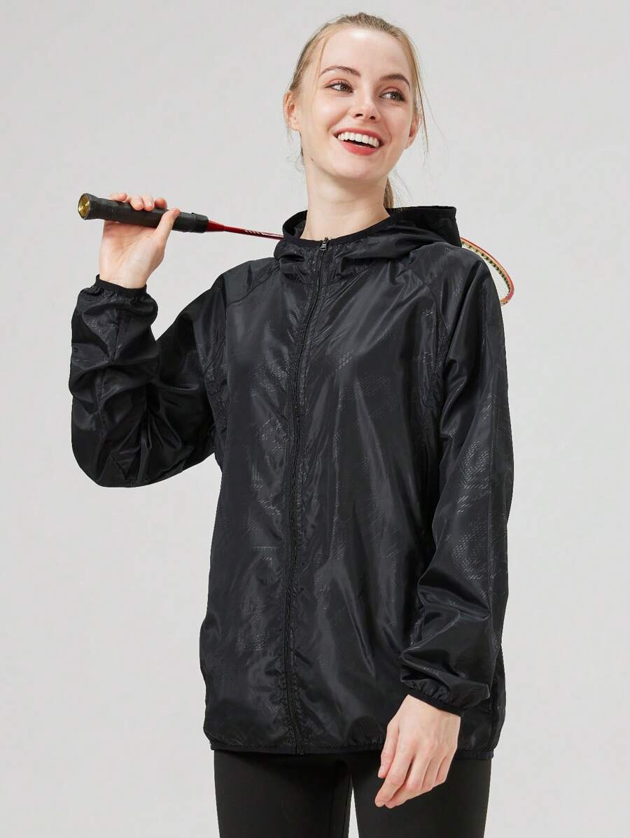 1pc Women's Lightweight Waterproof Jacket, Casual Windbreaker, Quick-Dry Sportswear, Black Long Sleeve Athletic Jacket For Women, With Storage Bag