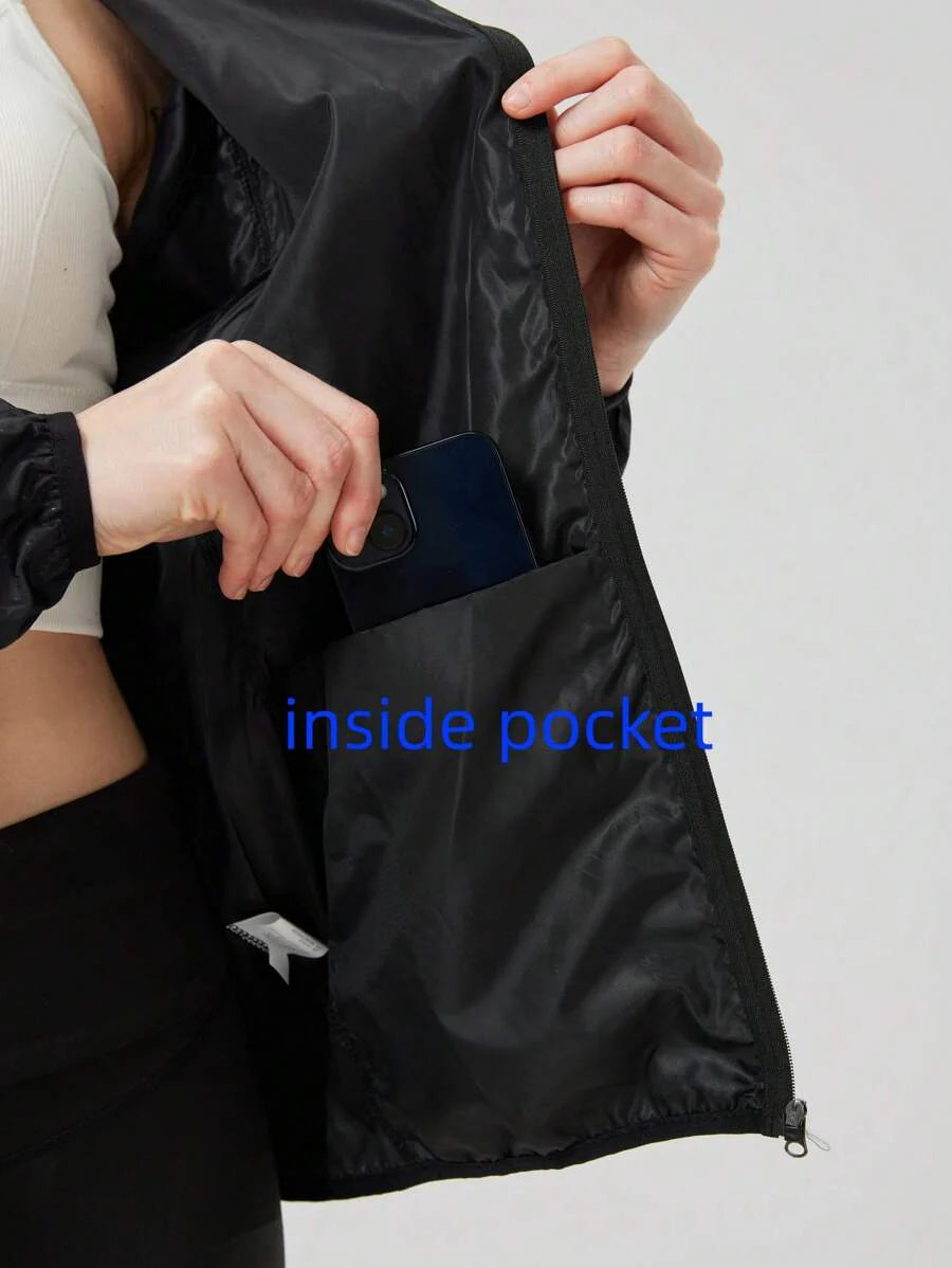 1pc Women's Lightweight Waterproof Jacket, Casual Windbreaker, Quick-Dry Sportswear, Black Long Sleeve Athletic Jacket For Women, With Storage Bag