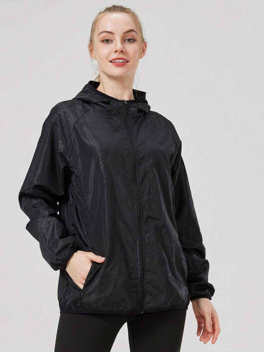 1pc Women's Lightweight Waterproof Jacket, Casual Windbreaker, Quick-Dry Sportswear, Black Long Sleeve Athletic Jacket For Women, With Storage Bag