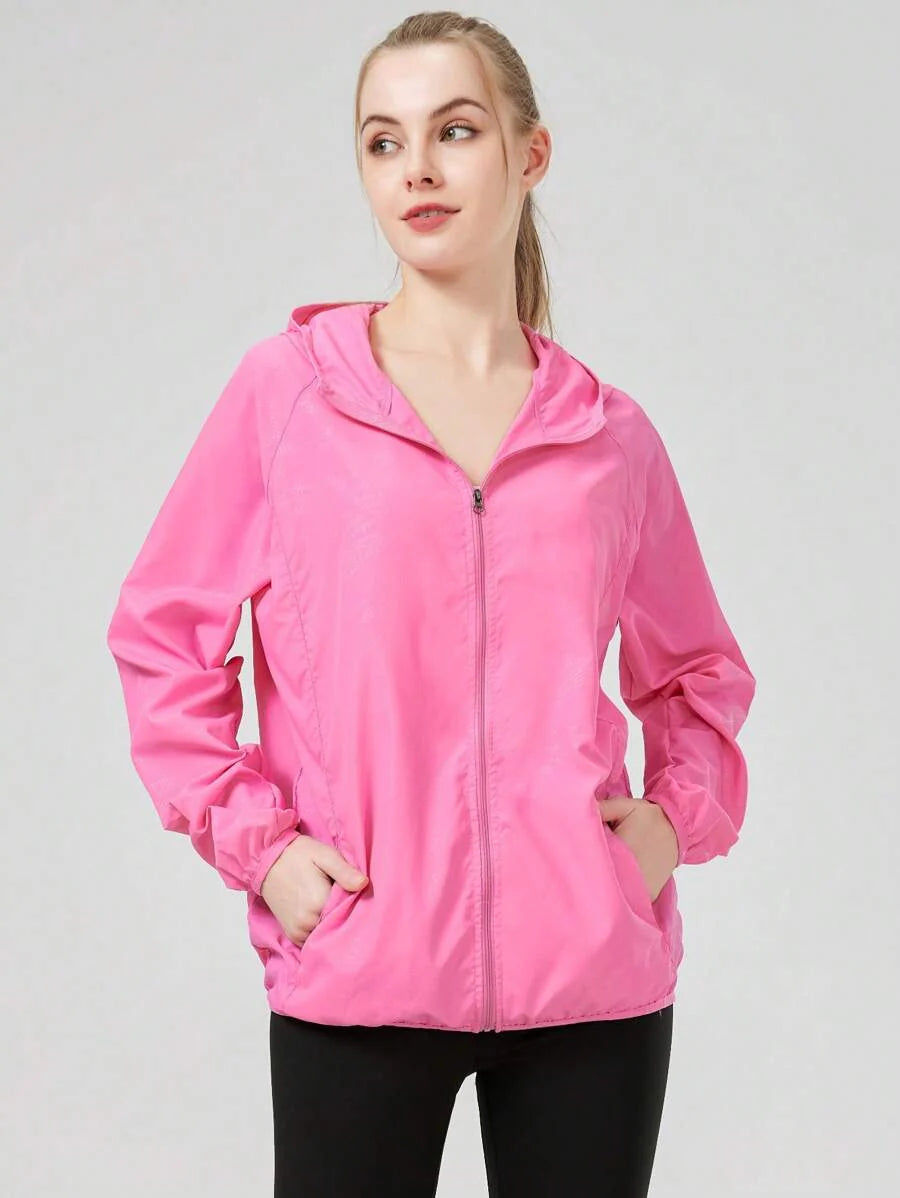 1pc Women's Lightweight Waterproof Jacket, Casual Windbreaker, Quick-Dry Sportswear, Black Long Sleeve Athletic Jacket For Women, With Storage Bag