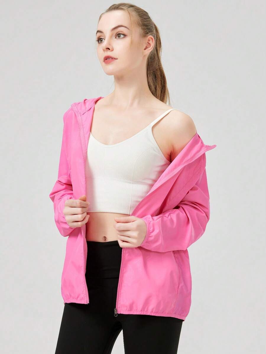 1pc Women's Lightweight Waterproof Jacket, Casual Windbreaker, Quick-Dry Sportswear, Black Long Sleeve Athletic Jacket For Women, With Storage Bag