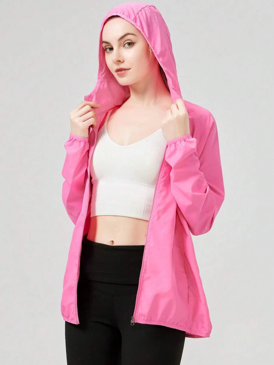 1pc Women's Lightweight Waterproof Jacket, Casual Windbreaker, Quick-Dry Sportswear, Black Long Sleeve Athletic Jacket For Women, With Storage Bag