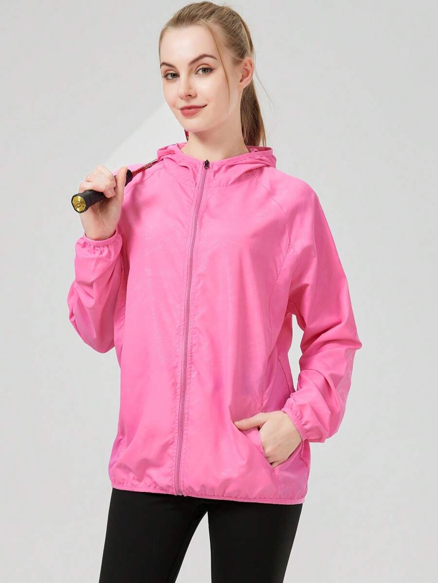 1pc Women's Lightweight Waterproof Jacket, Casual Windbreaker, Quick-Dry Sportswear, Black Long Sleeve Athletic Jacket For Women, With Storage Bag
