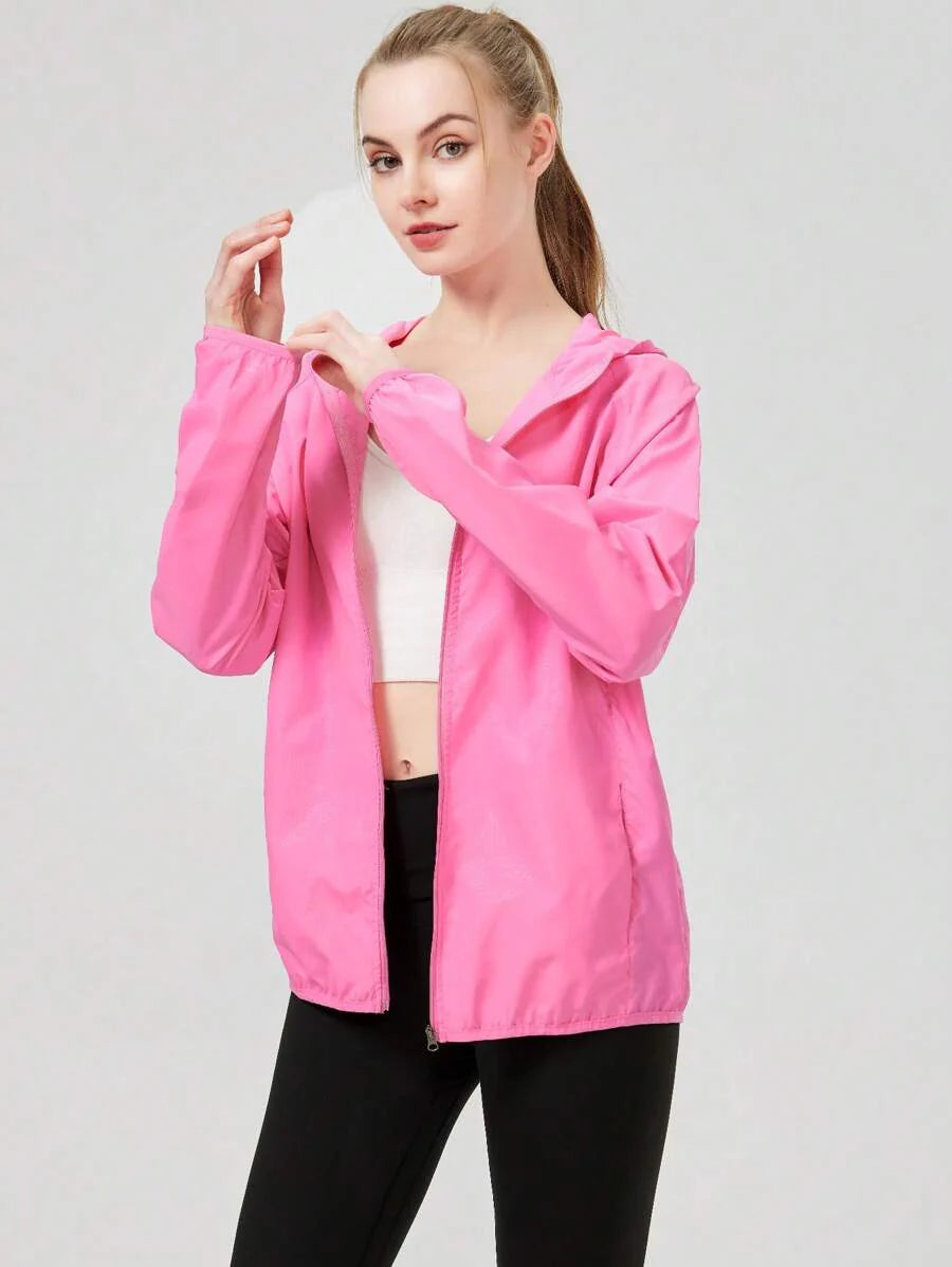 1pc Women's Lightweight Waterproof Jacket, Casual Windbreaker, Quick-Dry Sportswear, Black Long Sleeve Athletic Jacket For Women, With Storage Bag