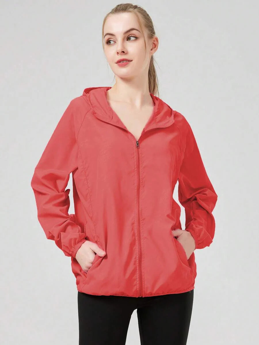1pc Women's Lightweight Waterproof Jacket, Casual Windbreaker, Quick-Dry Sportswear, Black Long Sleeve Athletic Jacket For Women, With Storage Bag