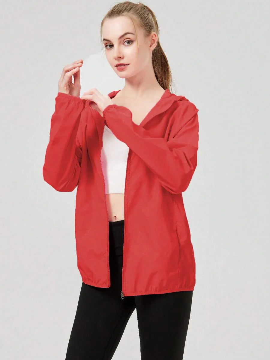 1pc Women's Lightweight Waterproof Jacket, Casual Windbreaker, Quick-Dry Sportswear, Black Long Sleeve Athletic Jacket For Women, With Storage Bag
