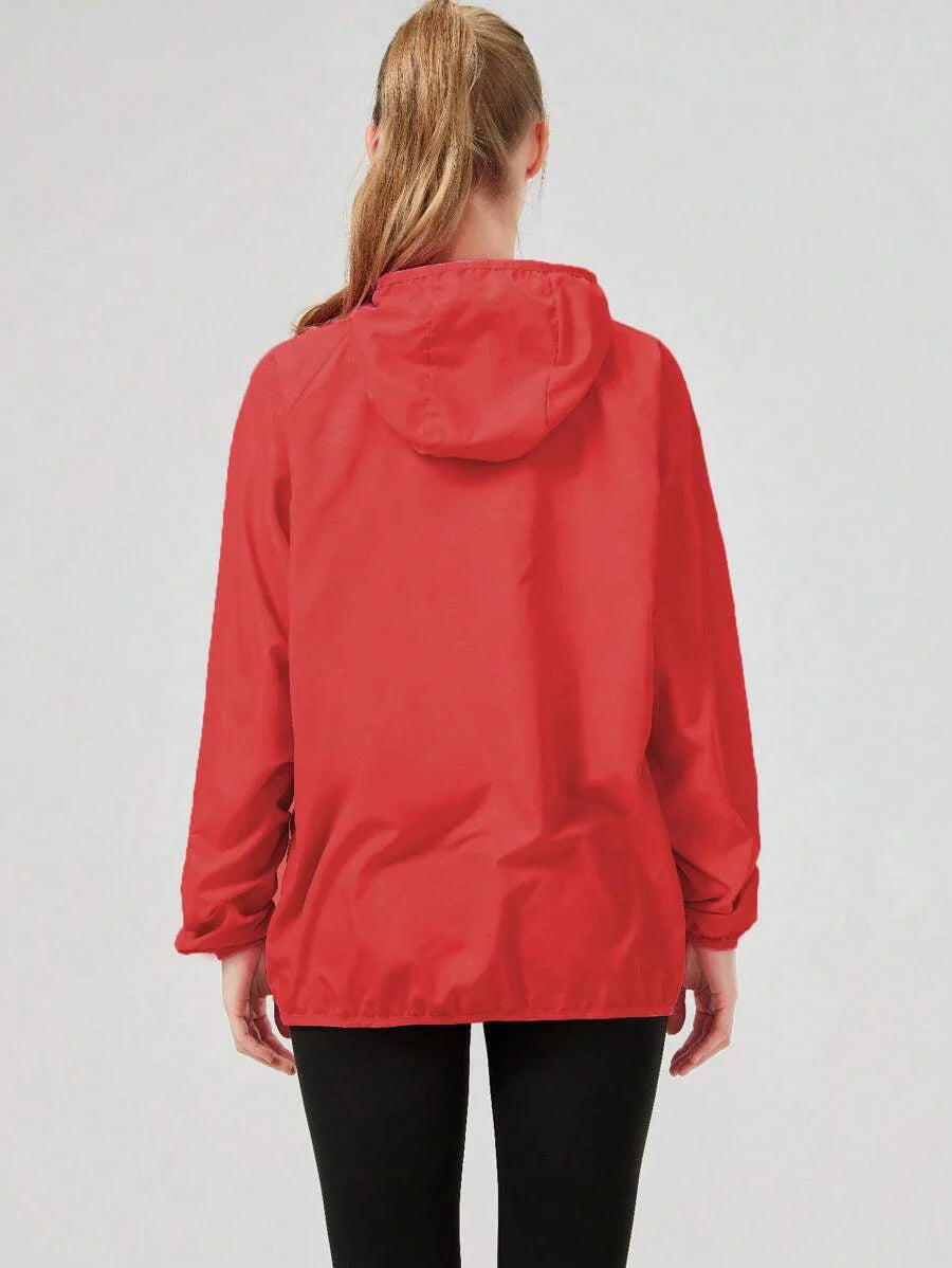 1pc Women's Lightweight Waterproof Jacket, Casual Windbreaker, Quick-Dry Sportswear, Black Long Sleeve Athletic Jacket For Women, With Storage Bag