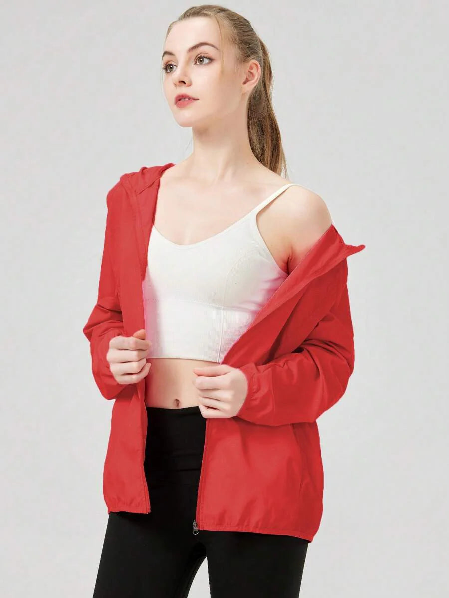 1pc Women's Lightweight Waterproof Jacket, Casual Windbreaker, Quick-Dry Sportswear, Black Long Sleeve Athletic Jacket For Women, With Storage Bag