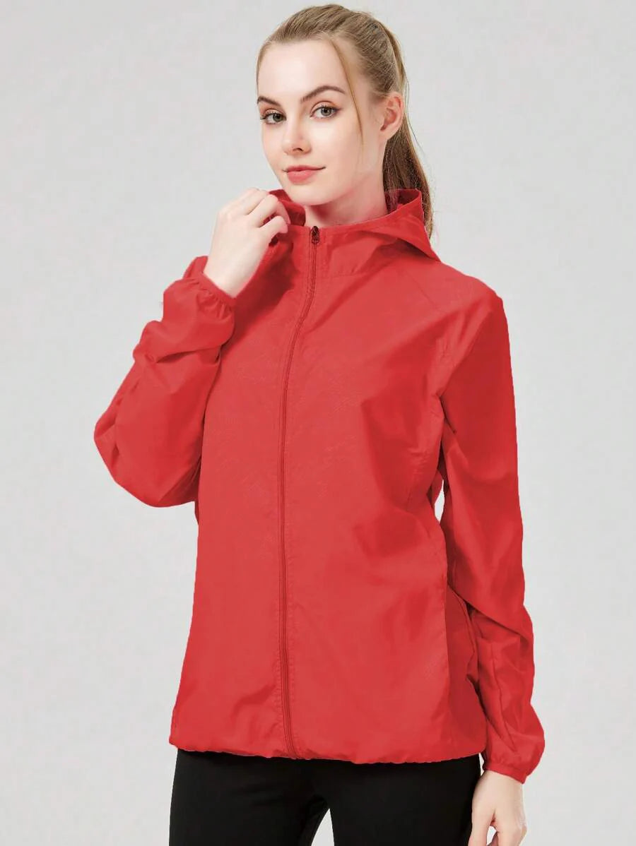 1pc Women's Lightweight Waterproof Jacket, Casual Windbreaker, Quick-Dry Sportswear, Black Long Sleeve Athletic Jacket For Women, With Storage Bag