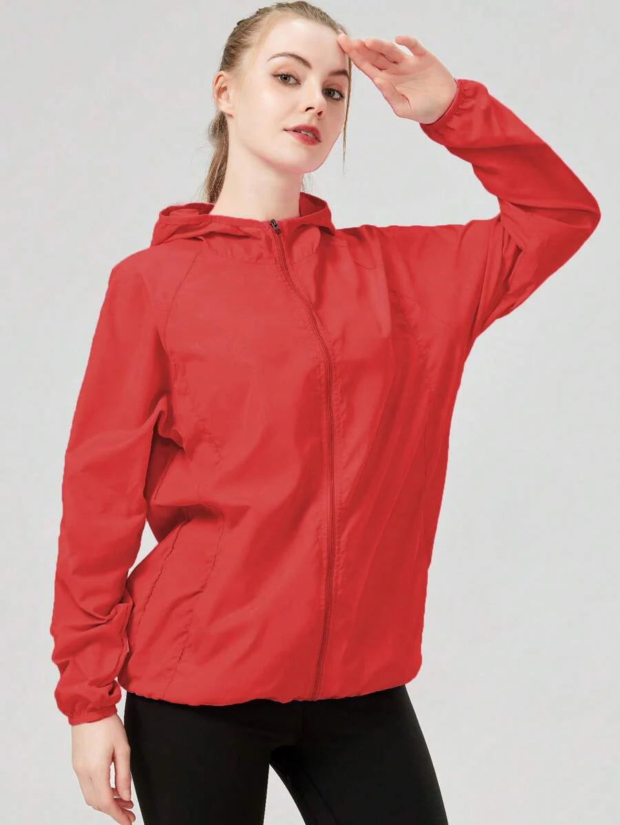 1pc Women's Lightweight Waterproof Jacket, Casual Windbreaker, Quick-Dry Sportswear, Black Long Sleeve Athletic Jacket For Women, With Storage Bag