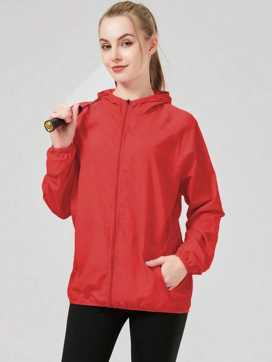 1pc Women's Lightweight Waterproof Jacket, Casual Windbreaker, Quick-Dry Sportswear, Black Long Sleeve Athletic Jacket For Women, With Storage Bag