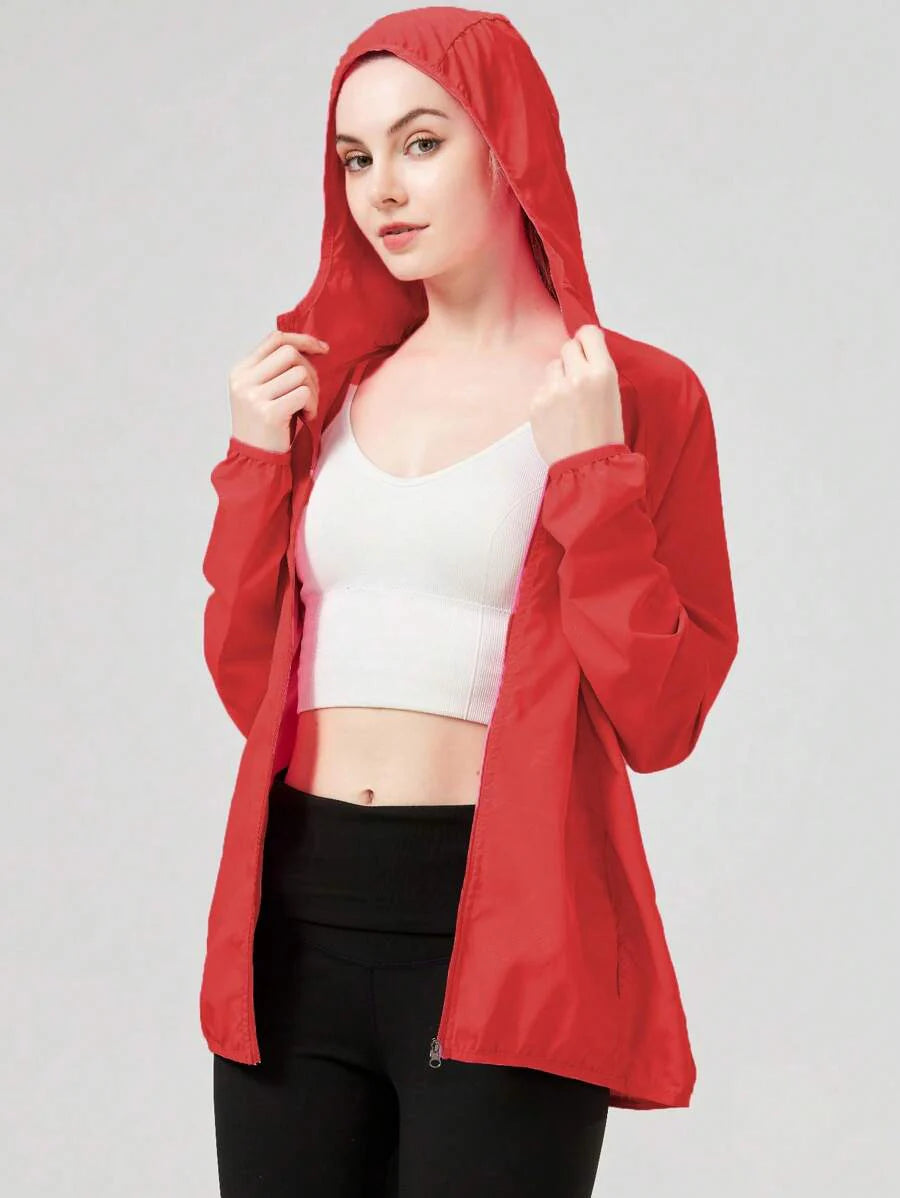 1pc Women's Lightweight Waterproof Jacket, Casual Windbreaker, Quick-Dry Sportswear, Black Long Sleeve Athletic Jacket For Women, With Storage Bag