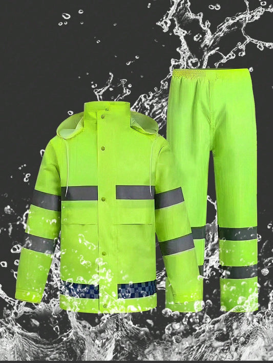 1 Set Thickened Hooded Rain Suit, Waterproof Storm Jacket And Pants, Fluorescent Trim