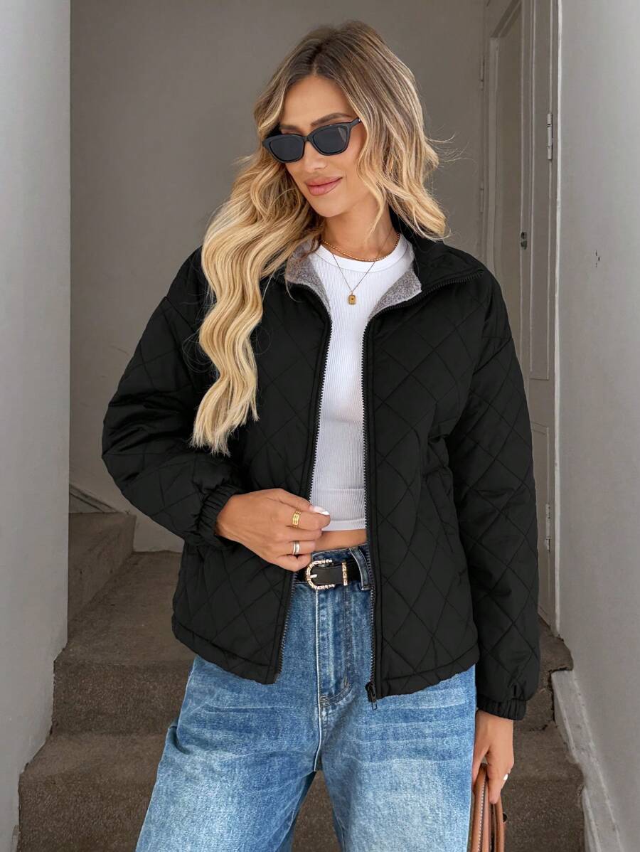 SHEIN LUNE Women's Casual Thermal Lined Long Sleeve Pocket Padded Coat