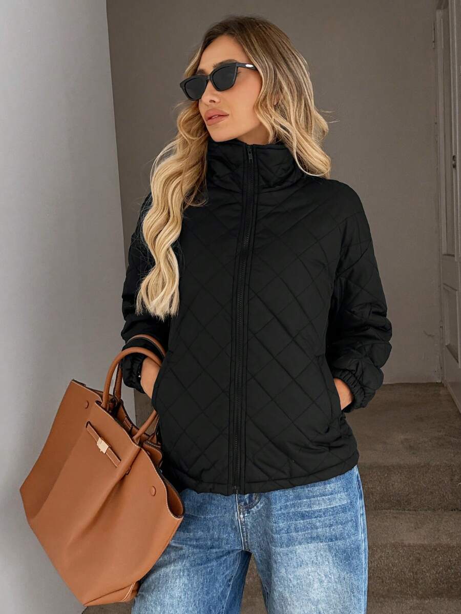 SHEIN LUNE Women's Casual Thermal Lined Long Sleeve Pocket Padded Coat