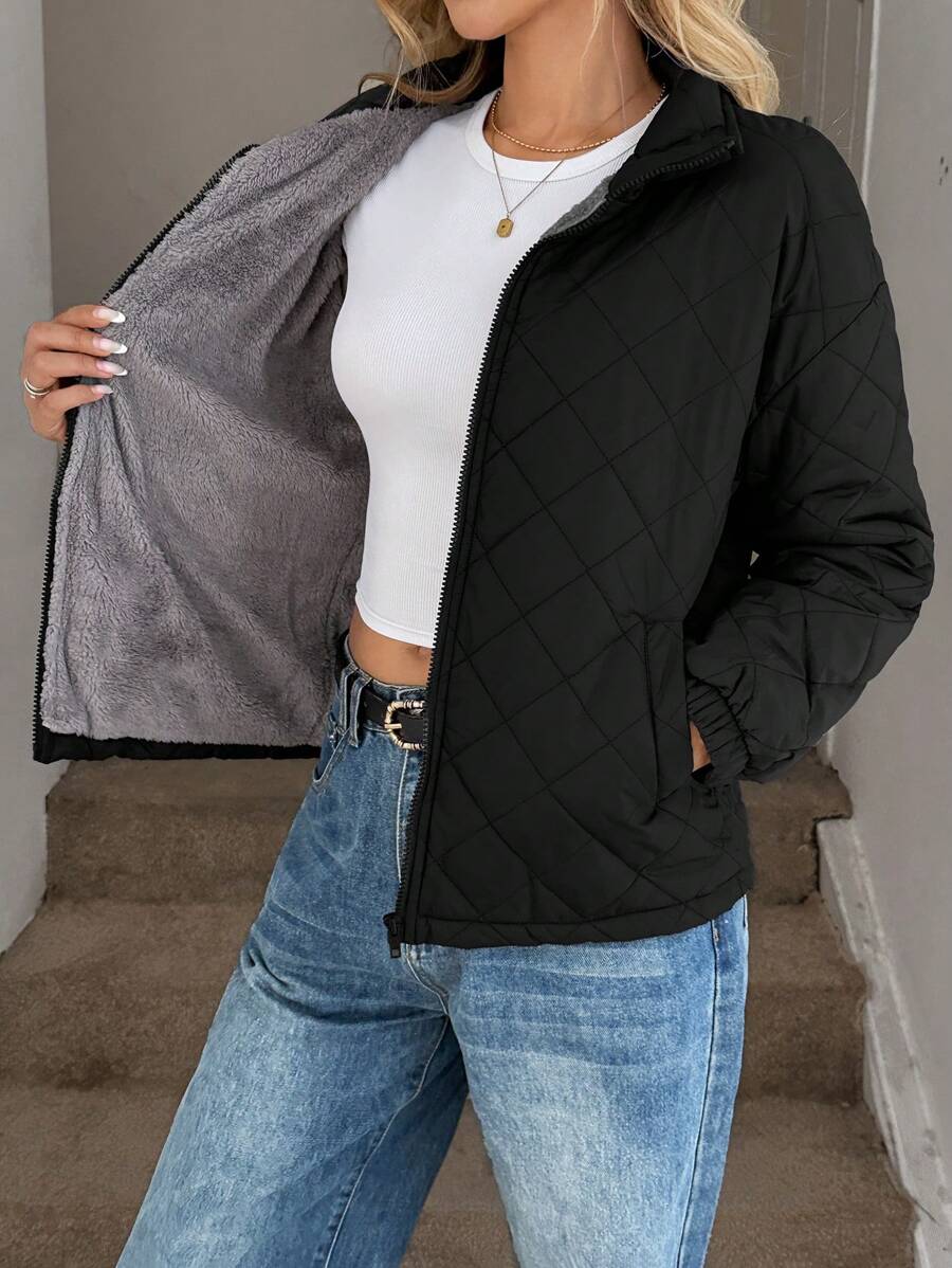 SHEIN LUNE Women's Casual Thermal Lined Long Sleeve Pocket Padded Coat