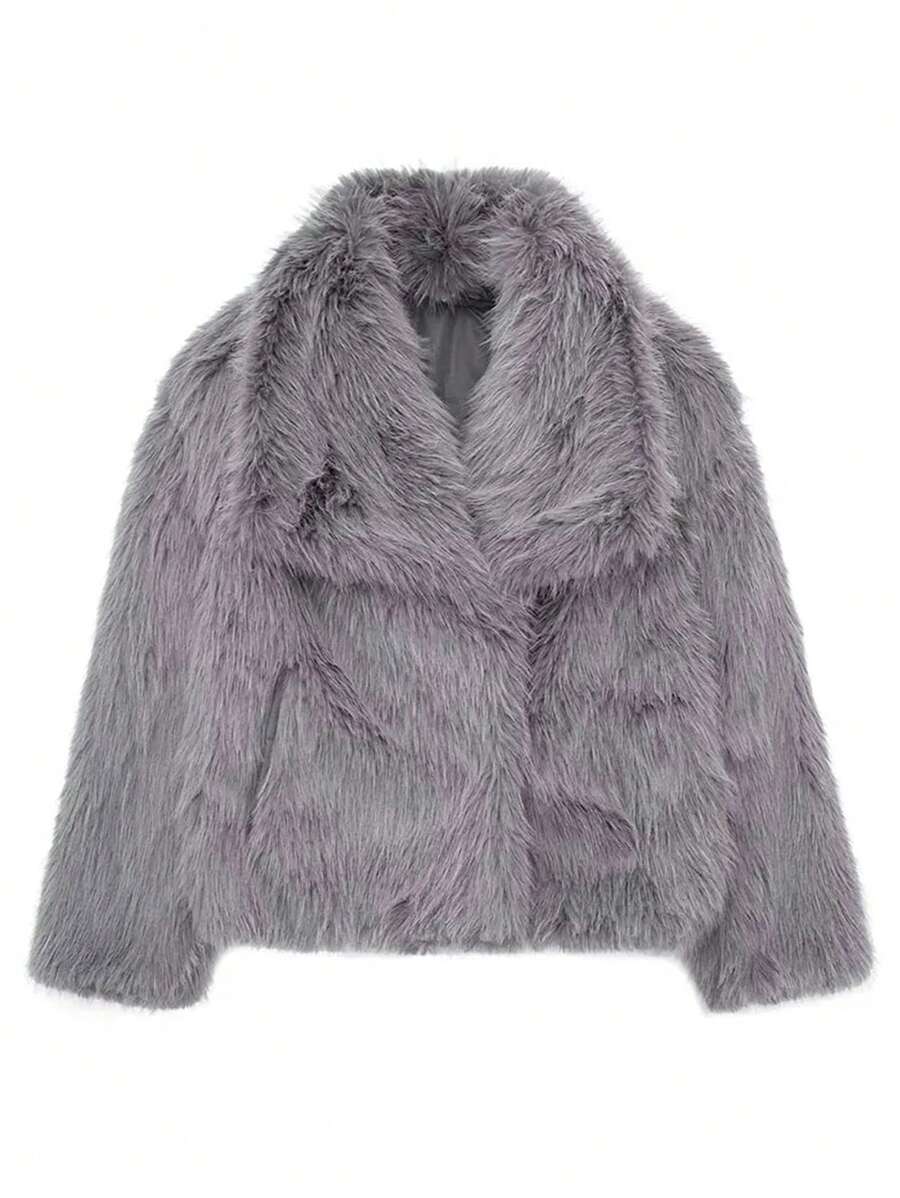 HH Faux Fur Jacket For Women Elegant Solid Lapel Long Sleeve Coat Casual Loose Female Winter Oversize Lady Chic Streetwear Jakcets