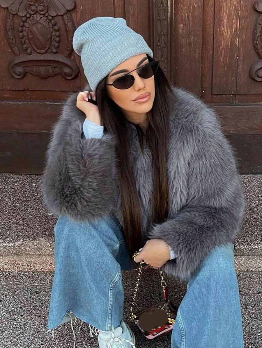 HH Faux Fur Jacket For Women Elegant Solid Lapel Long Sleeve Coat Casual Loose Female Winter Oversize Lady Chic Streetwear Jakcets