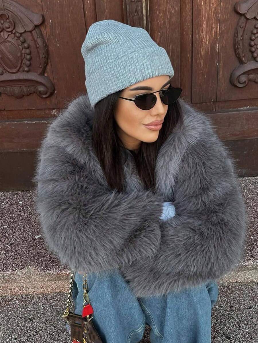 HH Faux Fur Jacket For Women Elegant Solid Lapel Long Sleeve Coat Casual Loose Female Winter Oversize Lady Chic Streetwear Jakcets