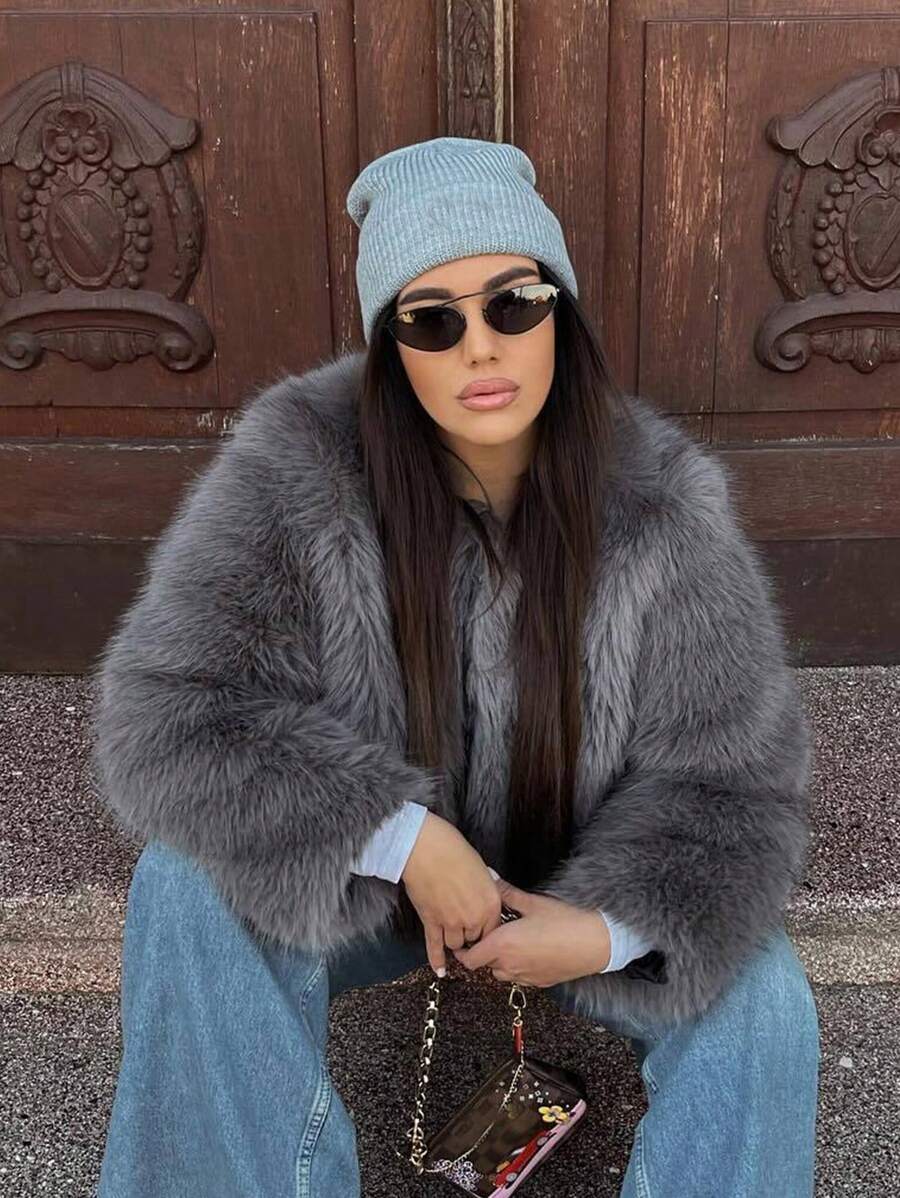 HH Faux Fur Jacket For Women Elegant Solid Lapel Long Sleeve Coat Casual Loose Female Winter Oversize Lady Chic Streetwear Jakcets
