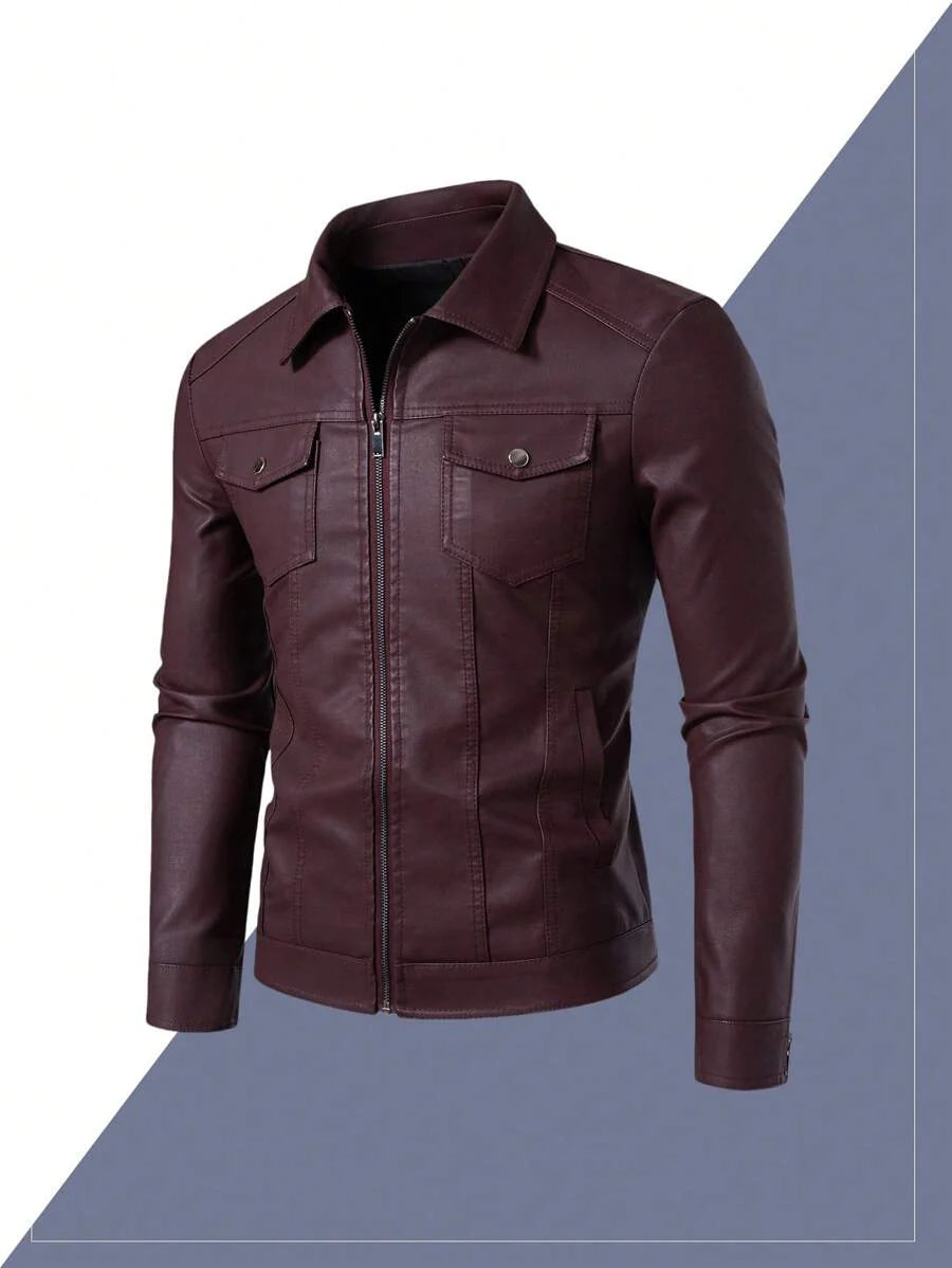 Real Men's Leather Jacket Distressed Vintage Lapel Men's Leather Jacket Slim Fit Short Men's Leather Jacket,Fleece