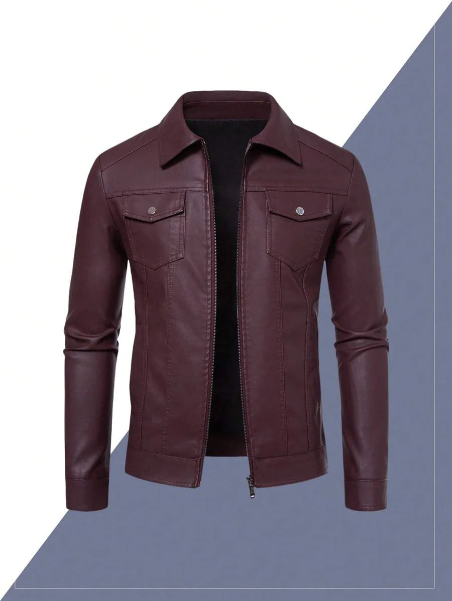 Real Men's Leather Jacket Distressed Vintage Lapel Men's Leather Jacket Slim Fit Short Men's Leather Jacket,Fleece