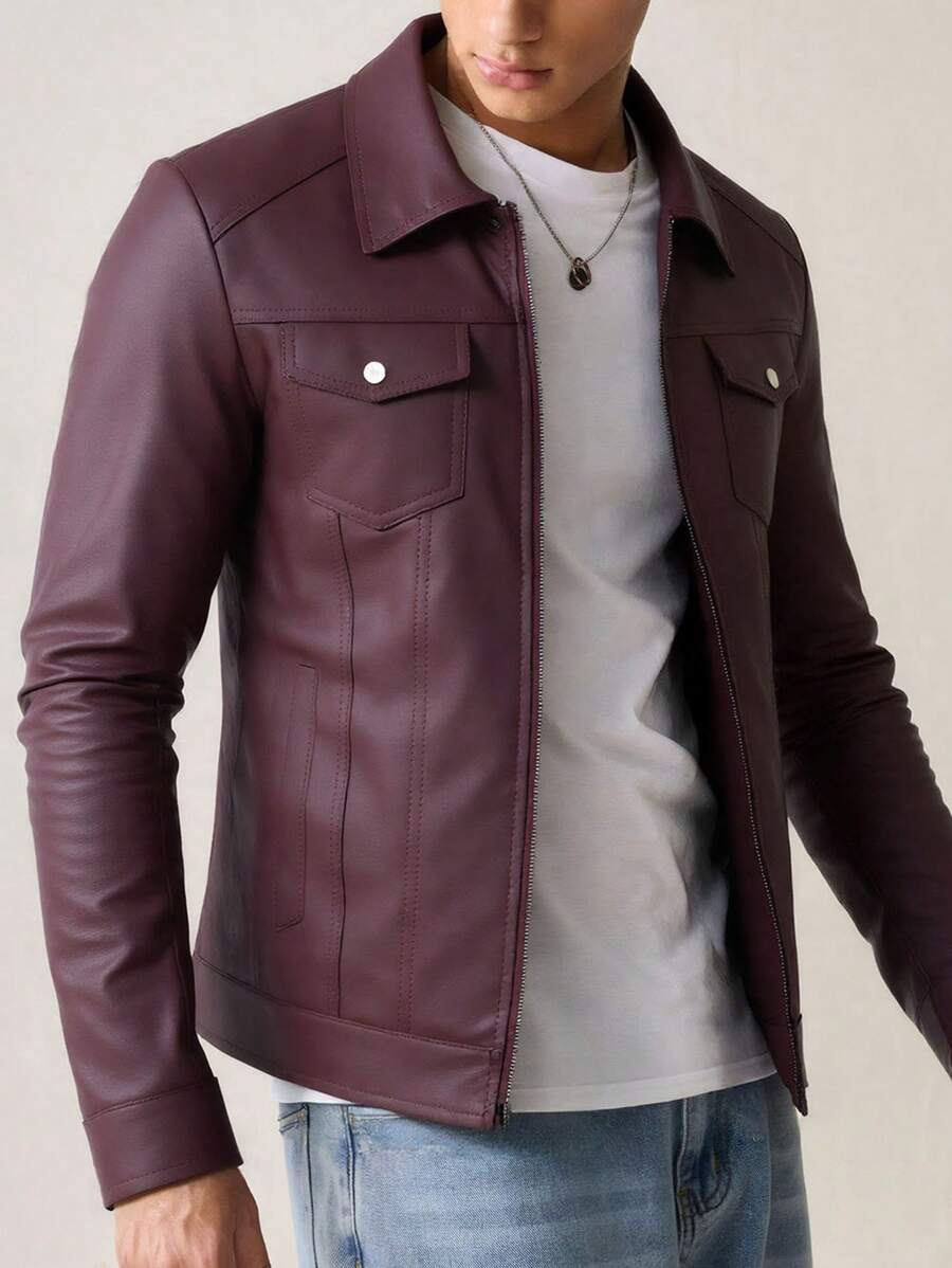 Real Men's Leather Jacket Distressed Vintage Lapel Men's Leather Jacket Slim Fit Short Men's Leather Jacket,Fleece