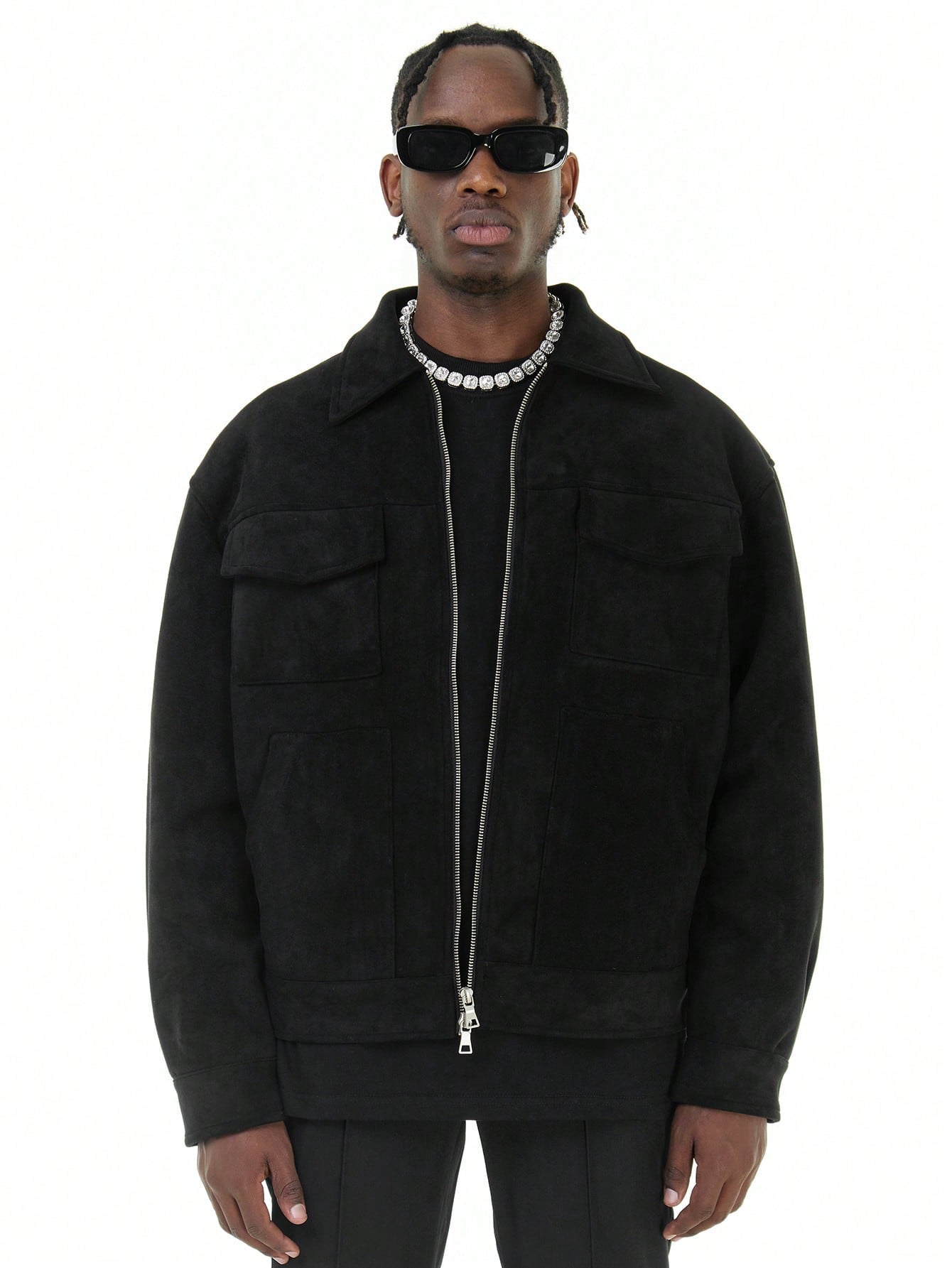 MT99 Retro High Street Casual Suede Windbreaker Black Jacket, American Style Windproof Warm Loose Fit Leisure Outwear For Men