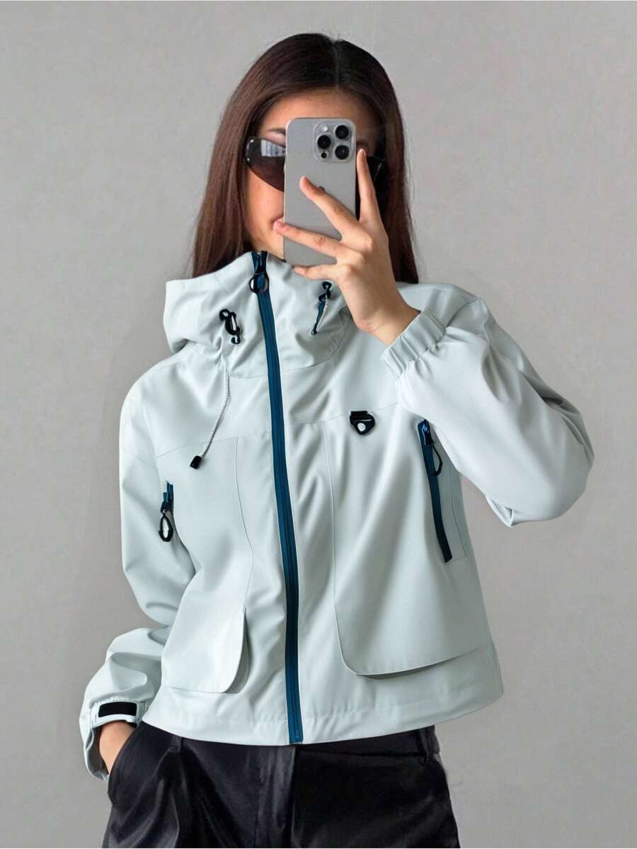 1pc Women's Short Jacket, Spring Lightweight Hooded Multi-Pocket Windbreaker, Water-Resistant Zipper Casual Outdoor