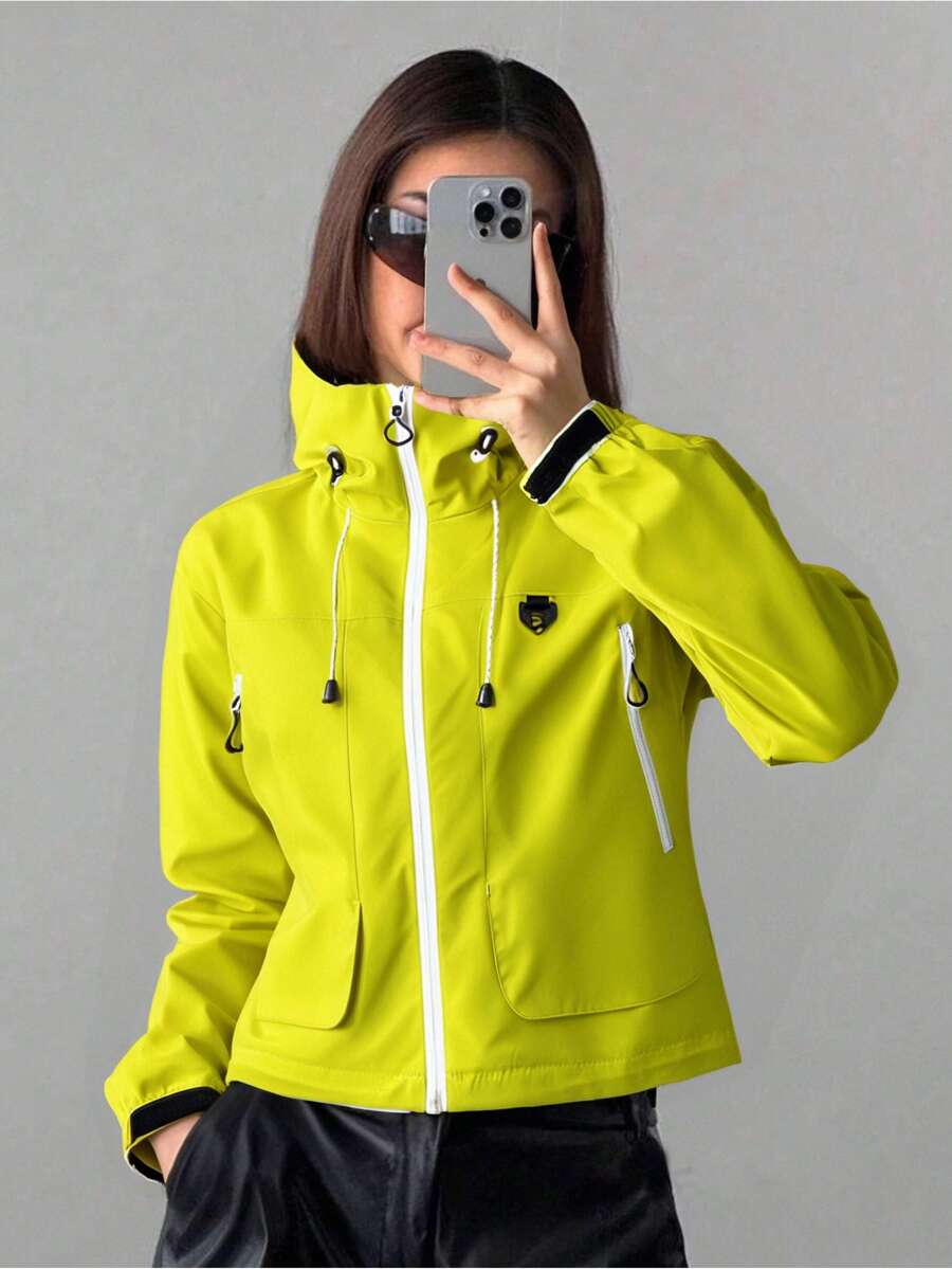 1pc Women's Short Jacket, Spring Lightweight Hooded Multi-Pocket Windbreaker, Water-Resistant Zipper Casual Outdoor