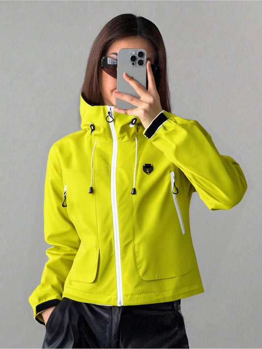 1pc Women's Short Jacket, Spring Lightweight Hooded Multi-Pocket Windbreaker, Water-Resistant Zipper Casual Outdoor