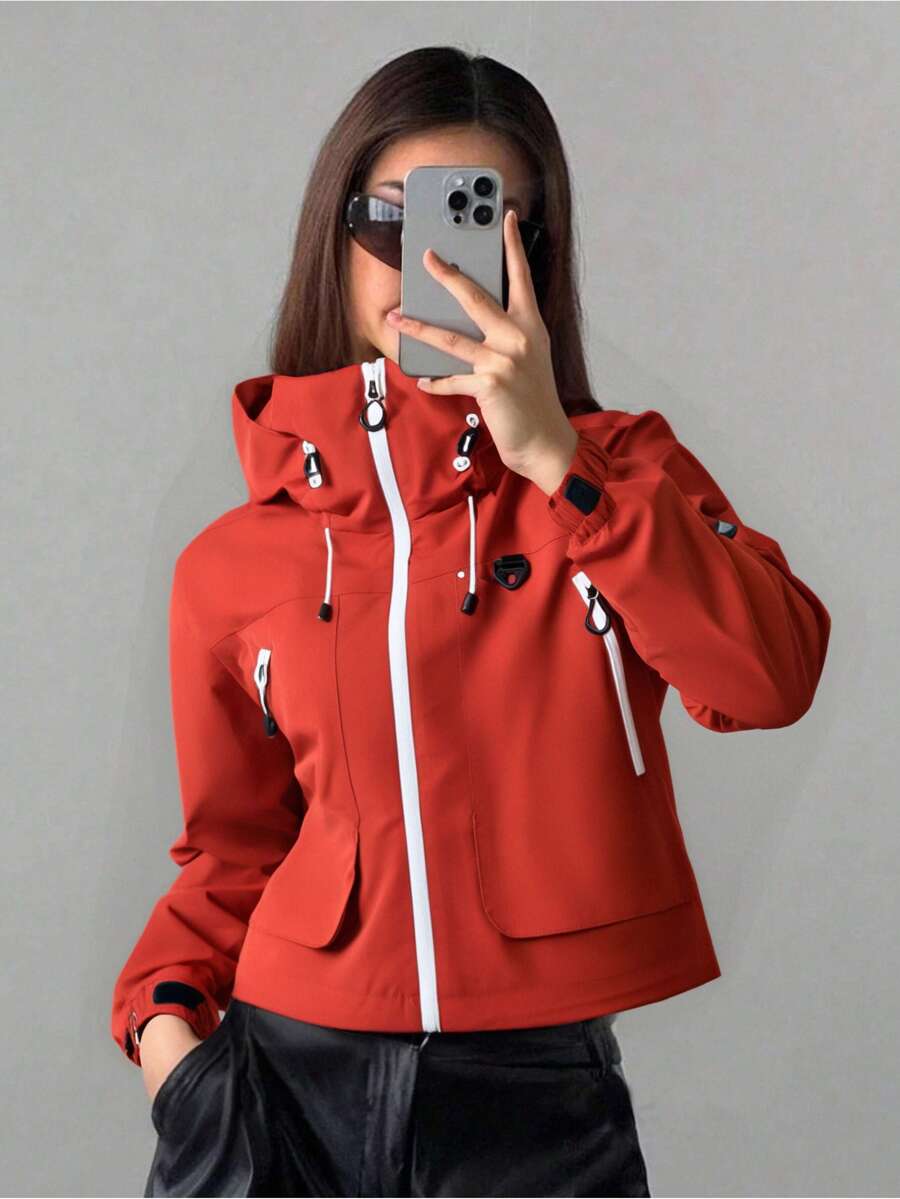 1pc Women's Short Jacket, Spring Lightweight Hooded Multi-Pocket Windbreaker, Water-Resistant Zipper Casual Outdoor