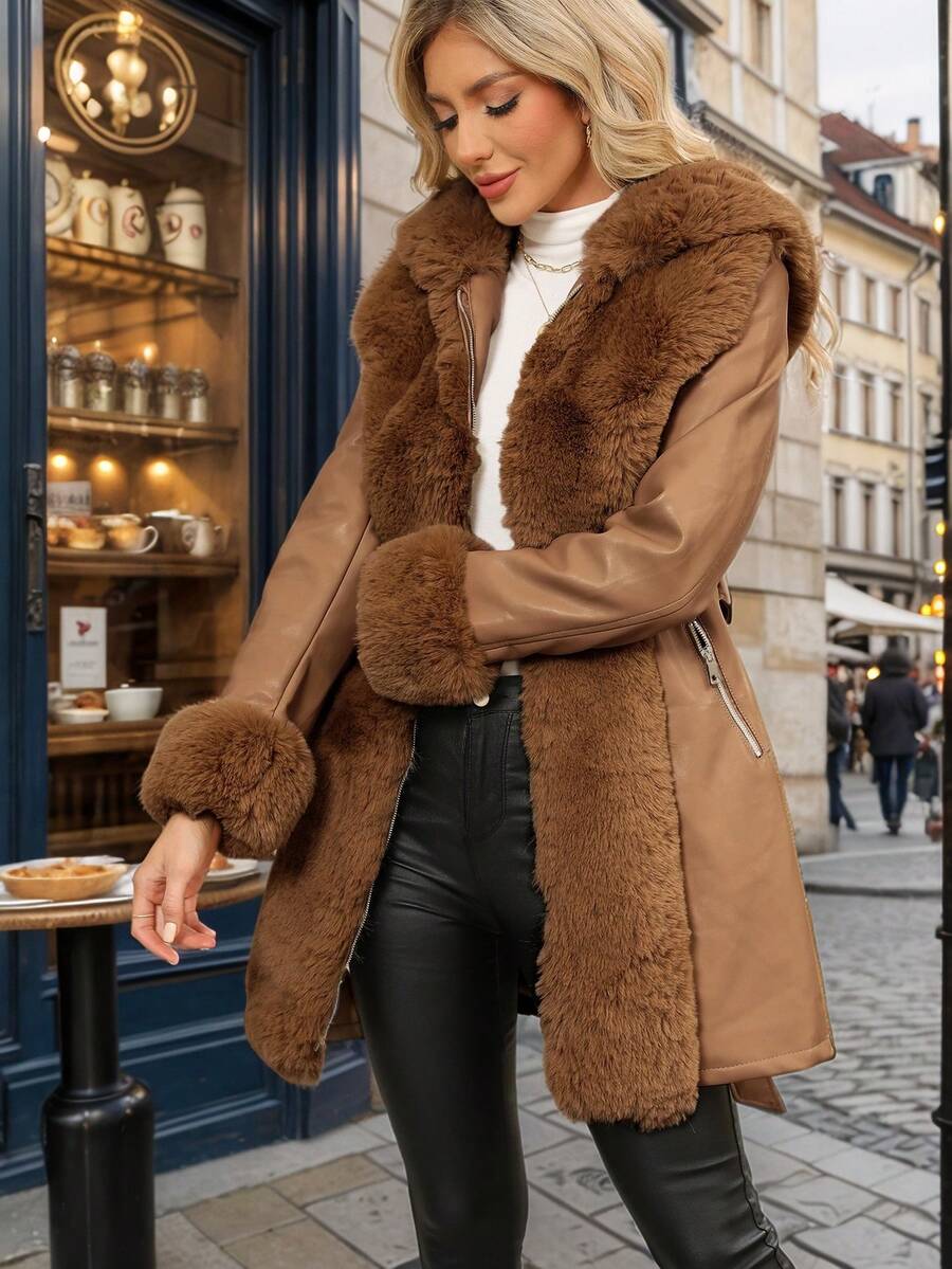 Giolshon Women's PU Jacket With Faux Fur And Belt - Perfect For Fall And Winter, And Stylish With Waist Tie For Casual Or Work Commute