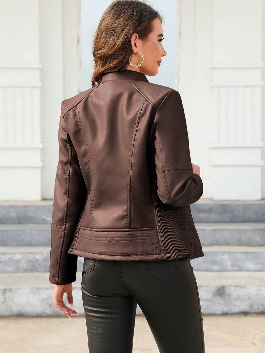 Giolshon Women's Fall/Winter Faux Leather Biker Jacket - Asymmetric Zip, Stand Collar For Edgy Commuting