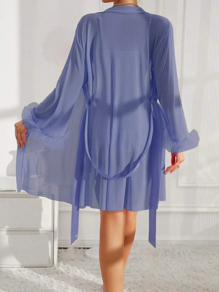 Slumberist 2pcs Set: Fishbone Style Cinch Waist Lace Cami Nightgown