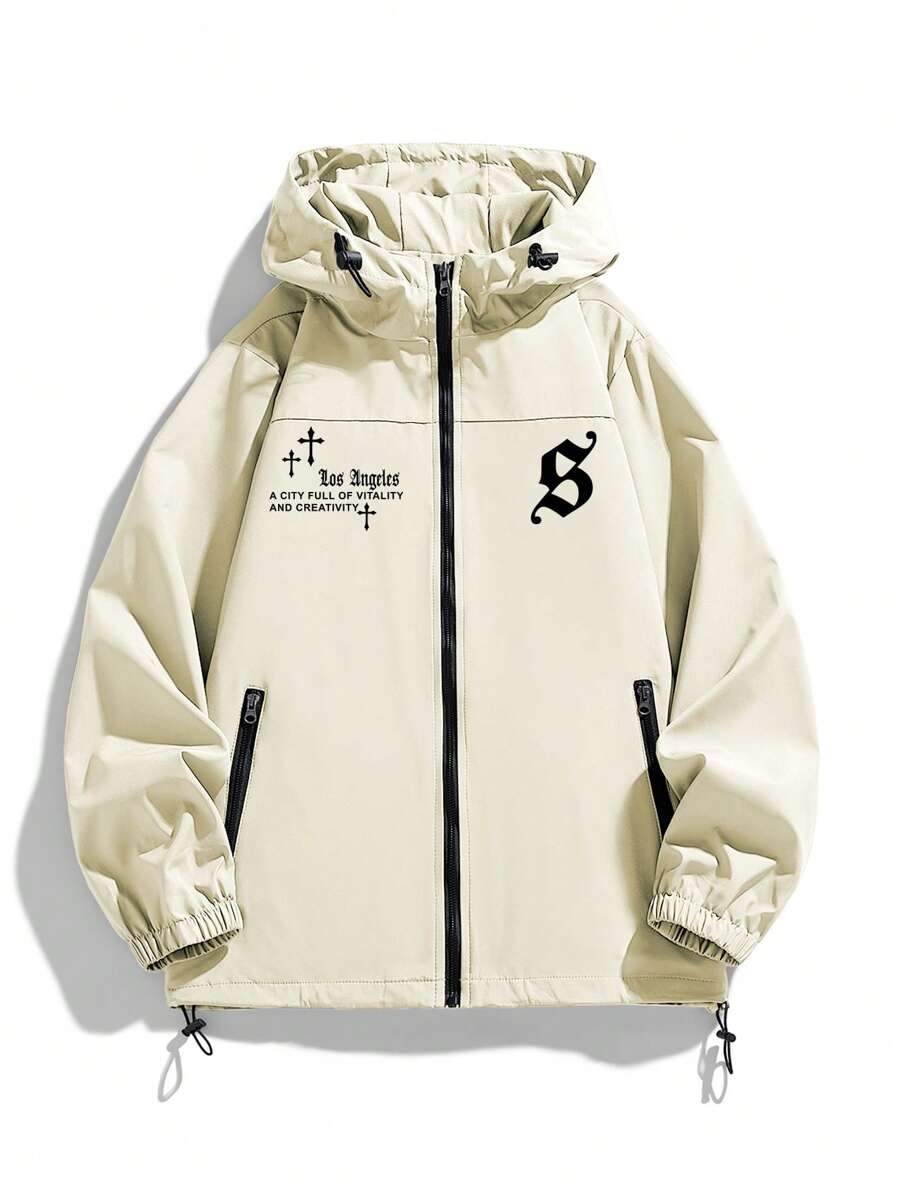 Men's Hooded Jacket With Pockets, Printed Outerwear For Spring And Autumn