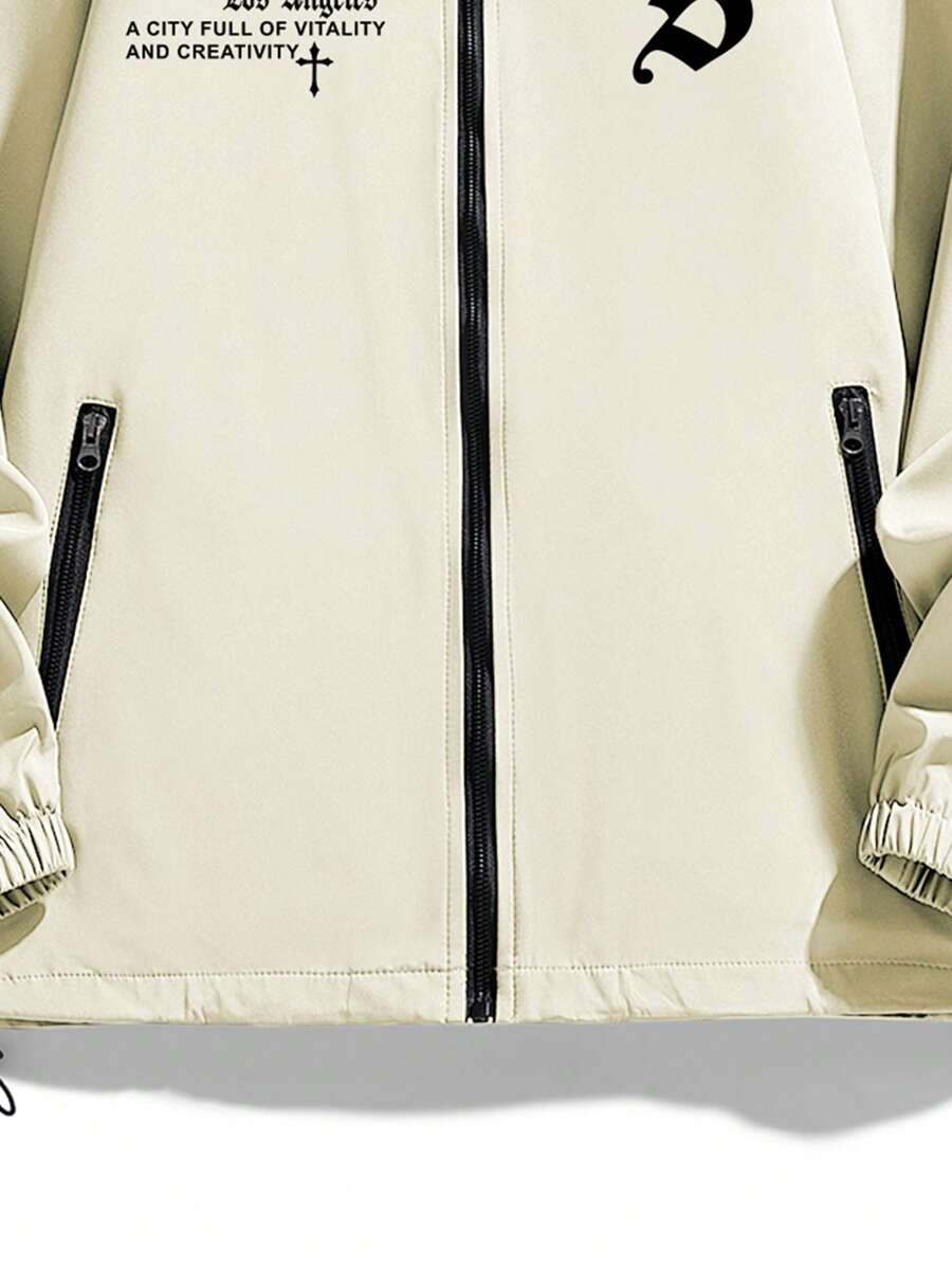 Men's Hooded Jacket With Pockets, Printed Outerwear For Spring And Autumn