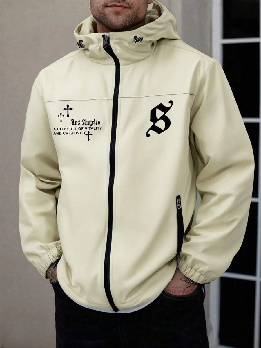 Men's Hooded Jacket With Pockets, Printed Outerwear For Spring And Autumn