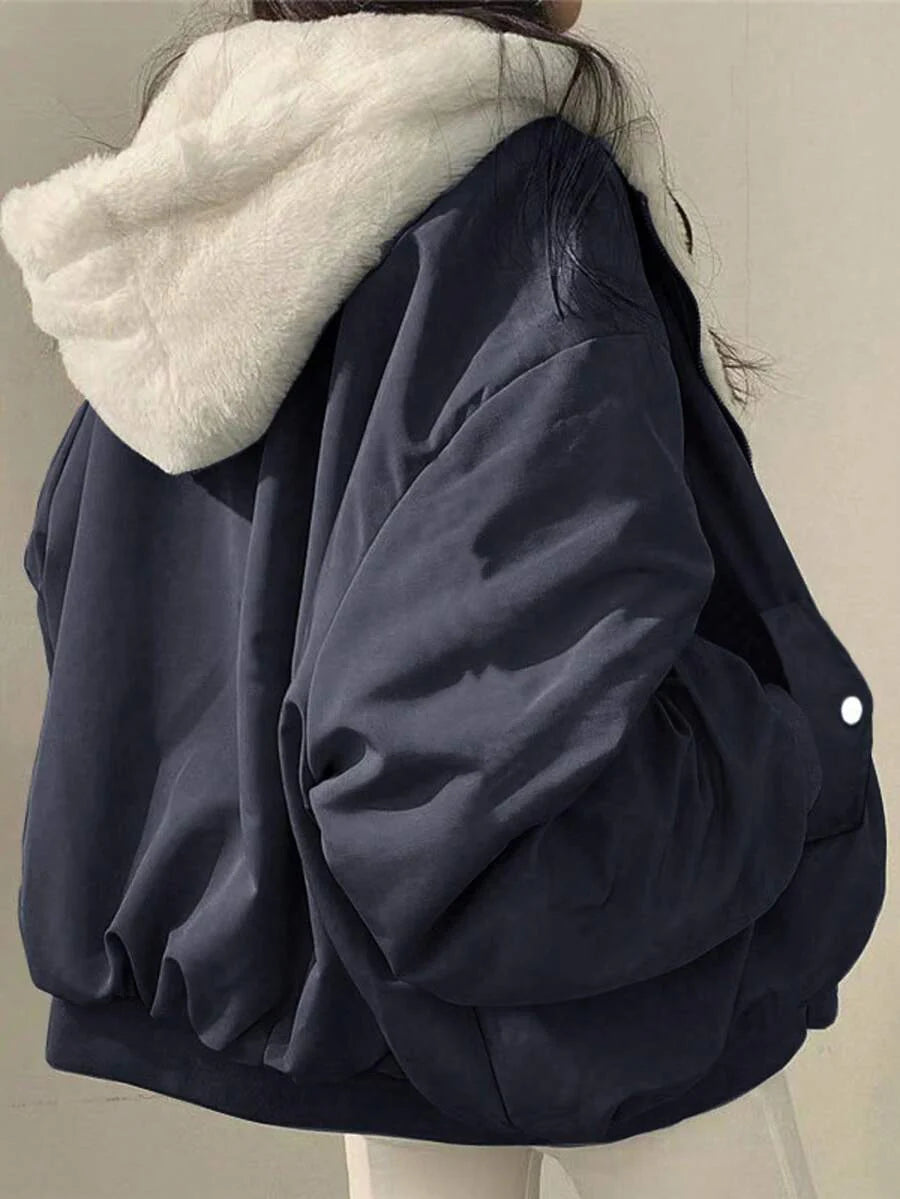 Women's Oversized Hooded Parka With Faux Fur Collar, Slimming Silhouette, Dual-Sided Wear, Daily Street Style, Short Jacket For Autumn/Winter