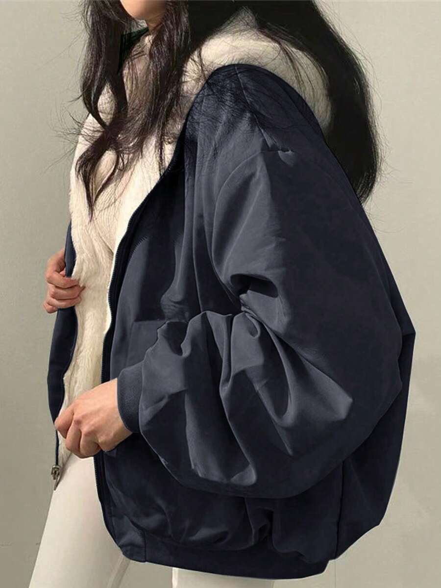 Women's Oversized Hooded Parka With Faux Fur Collar, Slimming Silhouette, Dual-Sided Wear, Daily Street Style, Short Jacket For Autumn/Winter