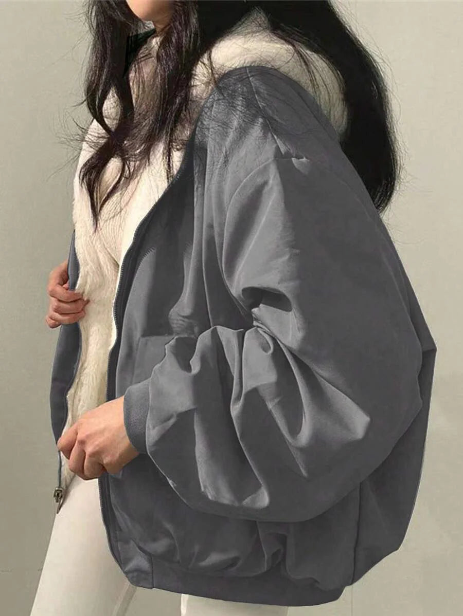 Women's Oversized Hooded Parka With Faux Fur Collar, Slimming Silhouette, Dual-Sided Wear, Daily Street Style, Short Jacket For Autumn/Winter