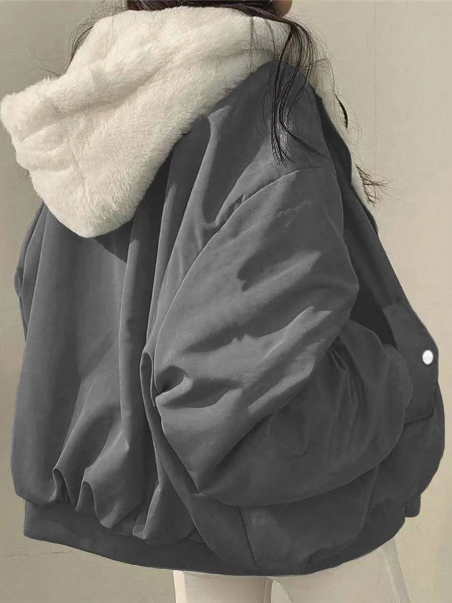 Women's Oversized Hooded Parka With Faux Fur Collar, Slimming Silhouette, Dual-Sided Wear, Daily Street Style, Short Jacket For Autumn/Winter