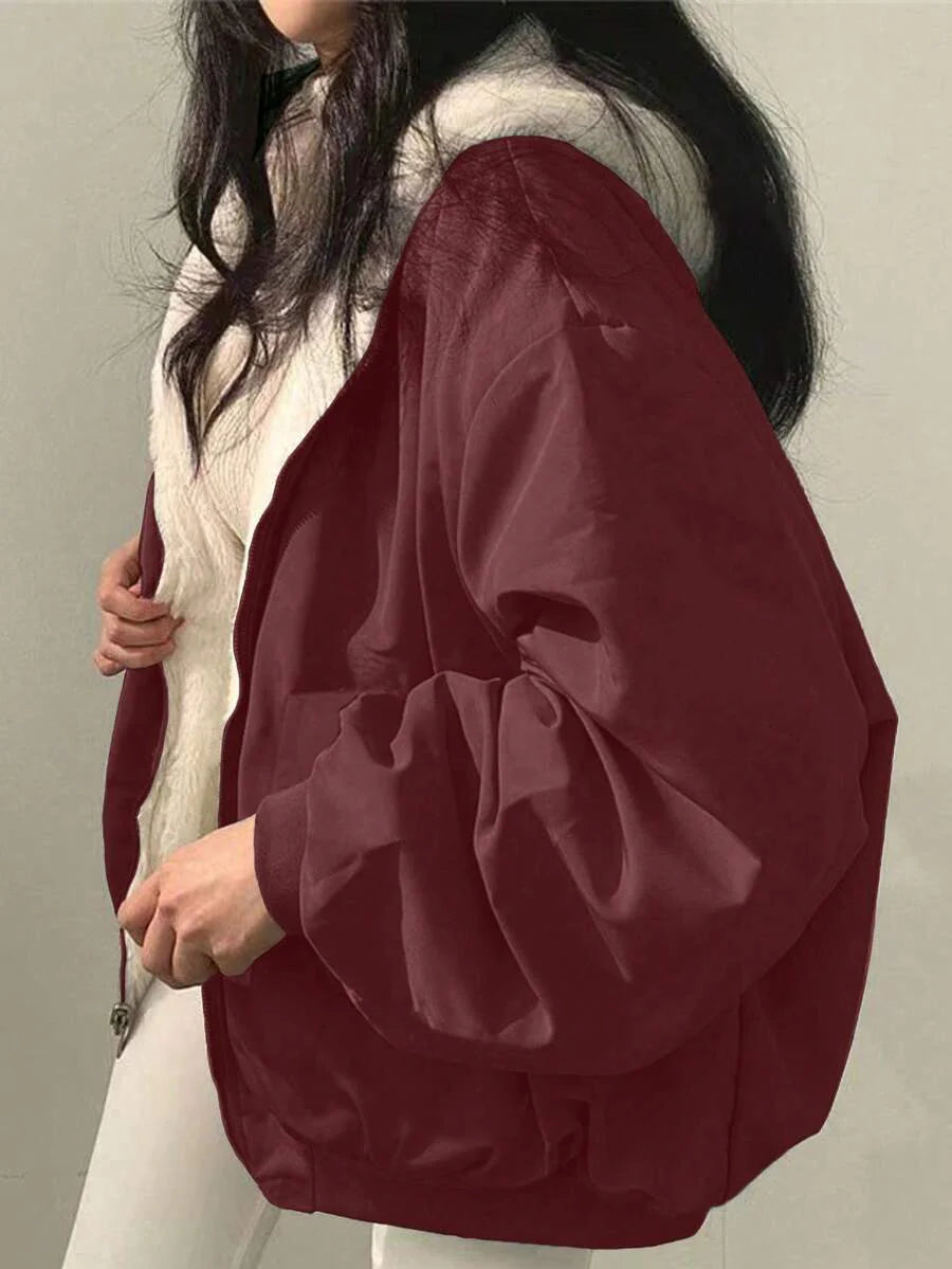 Women's Oversized Hooded Parka With Faux Fur Collar, Slimming Silhouette, Dual-Sided Wear, Daily Street Style, Short Jacket For Autumn/Winter